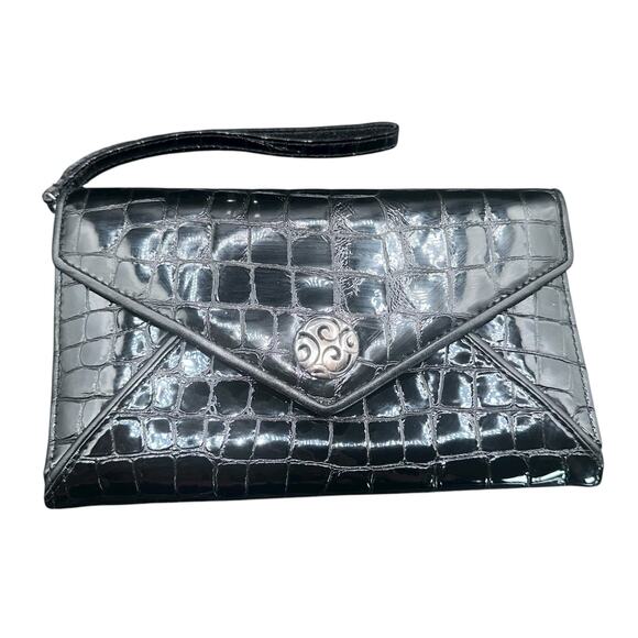 Brighton Shiny Black Croc Embossed Leather Wristlet Wallet Clutch - Picture 13 of 16